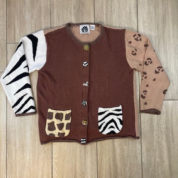 Storybook Knits Safari Animal Print Cardigan Zebra Giraffe Leopard M Button - Picture 1 of 12